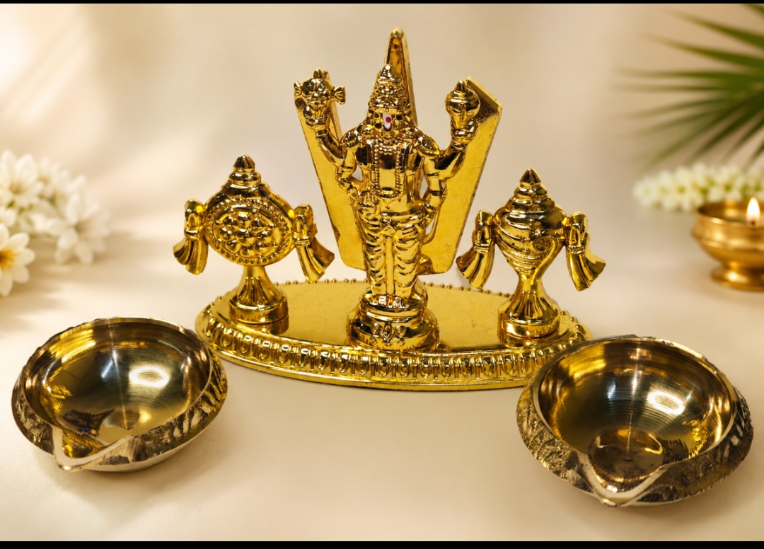 Sri Venkateswara idol with Twin Oil Lamps |