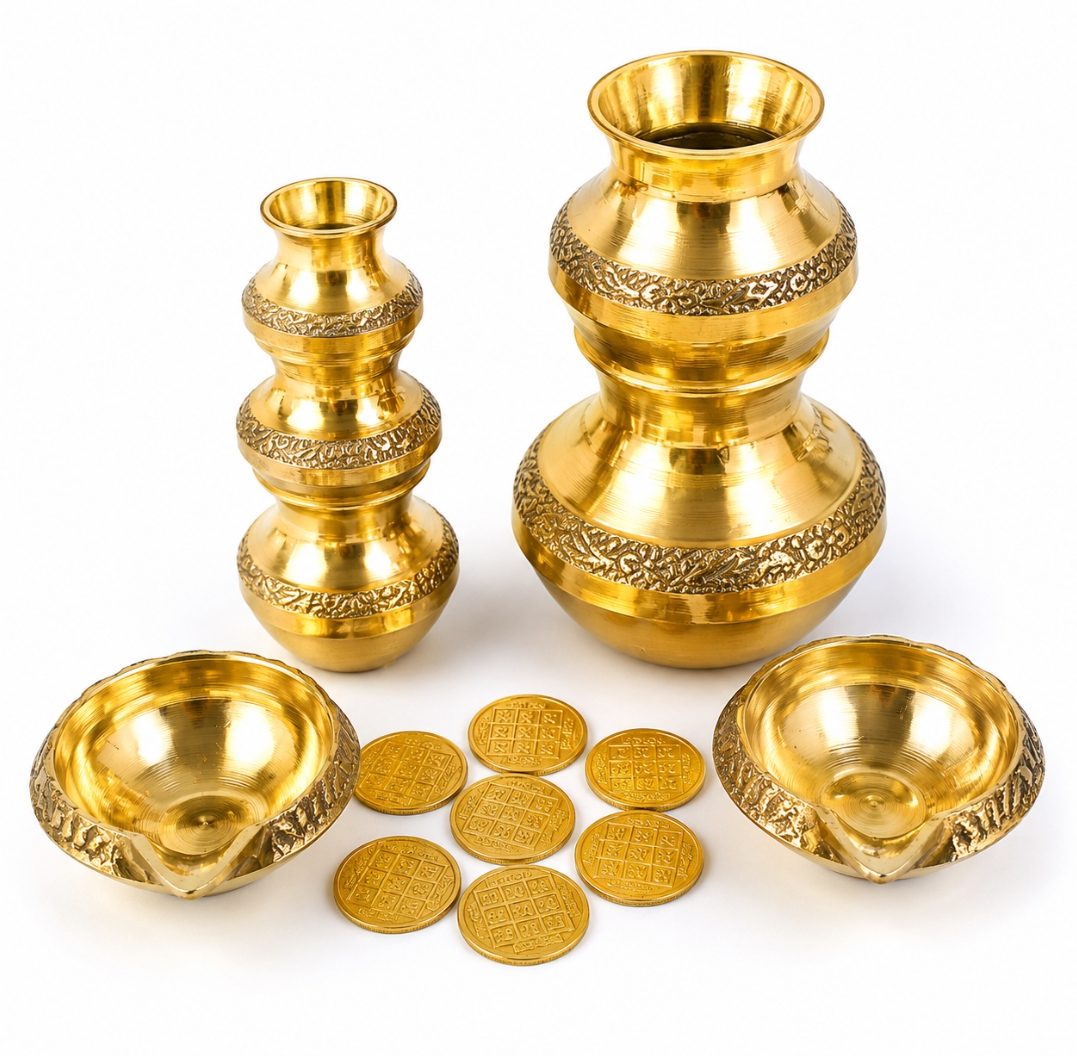 "Premium Brass Lakshmi Kubera Kalash Diya Set with Kubera Coins – Traditional Puja &amp; Home Decor Collection" ✨